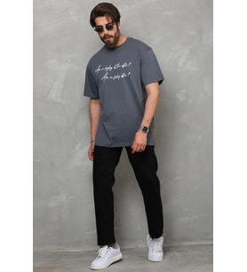Erkek Kısa Kol Yazlık Tişört Bisiklet Yaka Baskılı Oversize T-Shirt - Füme