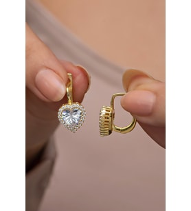 925 Ayar Gümüş Gold Kaplama J Model Tektaş Kalp Küpe