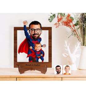 BK Gift Kişiye Özel Süper Baba ve Çocuk Karikatürlü Ahşap Standlı 3D Biblo-1 (Beyaz)