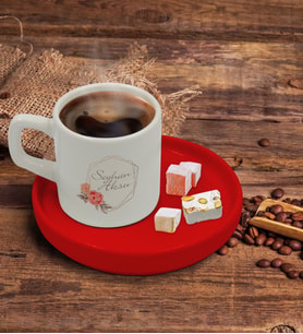 BK Gift Kişiye Özel Kırmızı Sunum Tabaklı Çiçek Tasarımlı Türk Kahvesi Fincanı Model 21