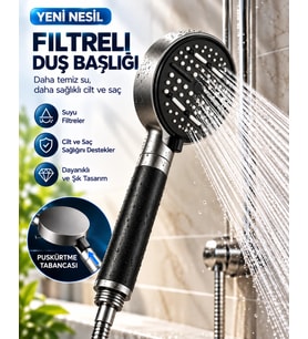 Modern Tasarımlı 6 Modlu Filtreli Duş Başlığı Büyük Panel Metalik Siyah Duş Atı