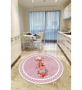Pembe Kaymaz Çaydanlık Desenli Yuvarlak Mutfak Halısı AR423