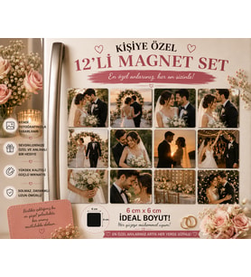 12'li Kare Fotoğraf Magneti Düğüne Kişiselleştirilebilir Gelin Damat Anı Hediye Seti