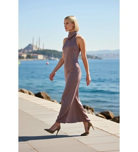 Kadın Elbise Bodycone Degaje Yaka Kolsuz Saten Dokuma Maxi Boy Slip Kalıp Astarsız Düz Desen Siluet
