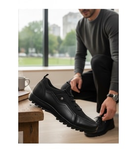 Enoch Hakiki Deri Siyah Erkek Sneaker Ortopedik Taban
