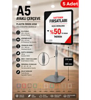 5 Adet - A5 Ayaklı Çerçeve Seti Plastik Ördek Ayak Teleskopik Borulu Fiyat Etiketliği Yönlendirme Levhası Menü Panosu Siyah