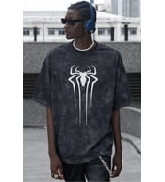 Tasarım Spider-Man Logo Örümcek Adam Baskılı Unisex Oversize Vintage Yıkamalı Tişört