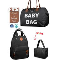 Stylo Baby Bag Bebek Bakım Kadın Omuz Çantası + Popi Anne Kadın Sırt Çantası Termos Çanta Hediye (Siyah)