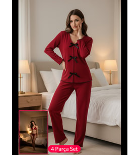 Fantezia Night Kadın Bordo Fiyonklu İç Çamaşırı ve Uzun Kollu V Yaka Pijama Takımı 4'lü Set