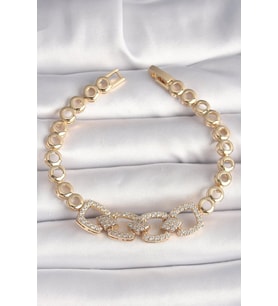 Pirinç Gold Renk Zirkon Taşlı Daire Zincir Model Kadın Bileklik - TJ-BB6842