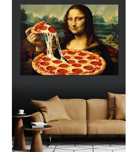 Mona Lisa Pizza Yiyor Komik Dekoratif Kanvas - Mdf Ahşap Tablo