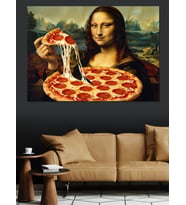 Mona Lisa Pizza Yiyor Komik Dekoratif Kanvas - Mdf Ahşap Tablo