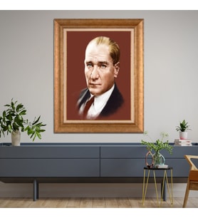 Altın Varaklı Çerçeveli Paspartulu Atatürk Tablo z4501 (Gold)