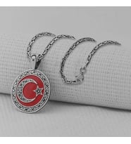 Gravur İşlemeli Büyük Boy Ay Yıldız 925 Ayar Gümüş Erkek Kolye