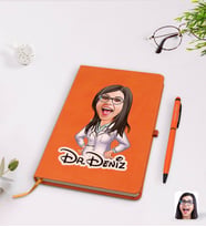 BK Gift Kişiye Özel Kadın Doktor Karikatürlü Turuncu Termo Deri Defter Kalem Seti Model 1