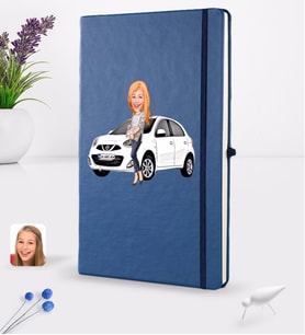 BK Gift Kişiye Özel Plakalı Kadın Nissan Micra Karikatürlü Lacivert Termo Deri Defter 16x24cm Model 1