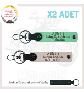 Motorcu Tarzına Özel, İsim Plaka ve A Rh (+) Kan Grubu, Hediyelik x2 Anahtarlık Set, Yeşil-Pudra-Syh