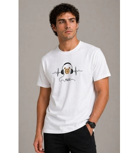 Erkek Beyaz Müzik Temalı Baskılı Bisiklet Yaka %100 Pamuk Yazlık T-Shirt