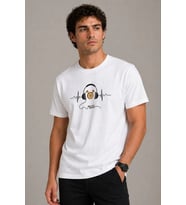 Erkek Beyaz Müzik Temalı Baskılı Bisiklet Yaka %100 Pamuk Yazlık T-Shirt