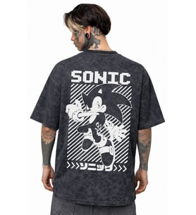 Sonic Çizgi Film Sırt Baskılı Unisex Oversize Eskitme Yıkamalı Tişört