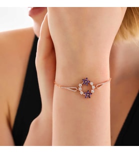 Gümüş Rose Mor Çiçek Kadın Bileklik