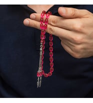 Gümüş Püsküllü Pembe Ateş Kehribar Tesbih