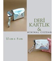 Hakiki Deri Minimal Avuçiçi Simli Gümüş Tasarım Kadın Cüzdan Kartlık DRC-25