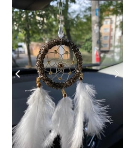 Yeni Düş Kapanı, Dreamcatcher Antrasit Taşlı, Beyaz Kuş Tüylü Dikiz Aynası Süsü