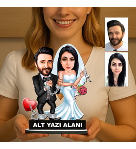 Kişiye Özel 2 Kişilik Gelin Damat Düğün Konseptli Sevgili Karikatürlü 18 cm MDF Masaüstü Biblo - Sevgiliye ve Eşe Hediye Çiftlere Özel Hediye