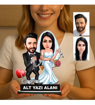 Kişiye Özel 2 Kişilik Gelin Damat Düğün Konseptli Sevgili Karikatürlü 18 cm MDF Masaüstü Biblo - Sevgiliye ve Eşe Hediye Çiftlere Özel Hediye