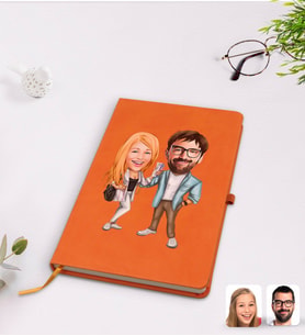 BK Gift Kişiye Özel Sevgililer Karikatürlü Turuncu Termo Deri Defter Model 93