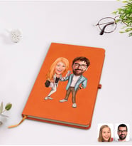 BK Gift Kişiye Özel Sevgililer Karikatürlü Turuncu Termo Deri Defter Model 93