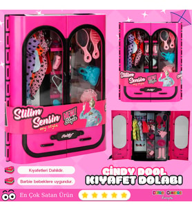 Cindy Doll Aksesuarlı Gardırop Pembe - Barbie Dolap - Barbie Giysi Dolabı - Barbie Gardırop - Gardro