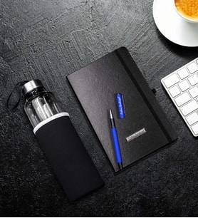 Kişiye Özel Mavi Roller Kalem & Siyah Defter & Özel Kılıflı 500Ml Cam Matara Hediye Seti