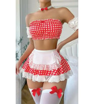HotFlirt NL 3633 Önlüklü Boyunluklu Çorapları Fiyonklu  Hizmetçi Kostümü (Kırmızı)