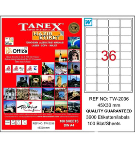 Tanex Lazer Etiket 100 YP 45x30 Laser-Copy-Inkjet TW-2036 (Beyaz)