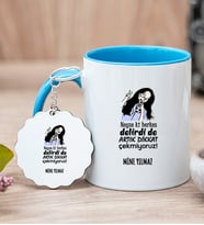 Kişiye Özel Herkes Delirdi Tasarım Esprili Mavi Kupa Bardak ve Anahtarlık