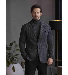 Koyu Gri Erkek Slim Fit Ekose Desenli Casual Mono Yaka Ceket