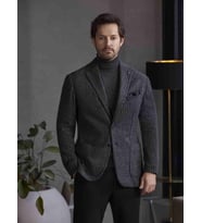 Koyu Gri Erkek Slim Fit Ekose Desenli Casual Mono Yaka Ceket