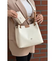 Örgü Detaylı 4 Bölmeli Kadın El & Omuz Çantası ve Cüzdan Kombini 30x27cm PBU4031 (Krem)