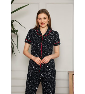 Kadın Siyah Yıldız Desen Gömlek Yaka Önden Düğmeli Kısa Kol Pamuk Pijama Takımı (Kırmızı)