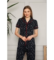 Kadın Siyah Yıldız Desen Gömlek Yaka Önden Düğmeli Kısa Kol Pamuk Pijama Takımı (Kırmızı)