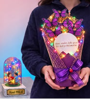 Renkli Led Işıklı Aynalı Mor Kelebek Buketi (Kişiye Özel Renkli Işıklı Fanus Hediyeli) (Model 8)