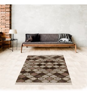 Geometrik Karo Desenli Dijital Baskı Yıkanabilir Kaymaz Taban Modern Salon Halısı ve Yolluk (Kahverengi)