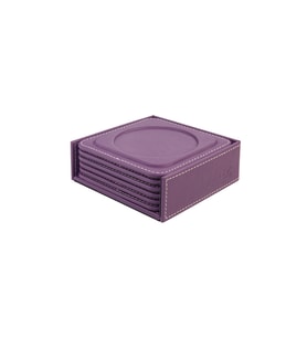 Bardak Altlığı,6’lı Set,Masaüstü Yuvarlak Cup Coaster,Vegan Suni Deri,11x11 cm.,Lila (Lila - Mor)