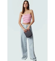 Asimetrik Kesim Straplez Bluz Esnek Örme Günlük Tarz Şık Görünüm Trend Tasarım (Pembe)