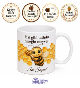 Arıcıya Hediye Petek ve Bal Arısı Temalı Tatlı Çay Kupası Baskılı Kupa Bardak