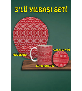 Yılbaşı Temalı 3'lü Bilek Destekli Mousepad Kupa ve Bardak Altlığı Seti