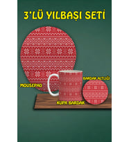 Yılbaşı Temalı 3'lü Bilek Destekli Mousepad Kupa ve Bardak Altlığı Seti
