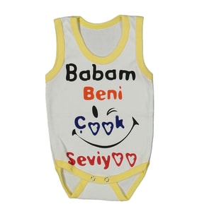 Unısex Beyaz Sarı Biyeli Babam Beni Seviyor Yazılı Askılı Zıbın
